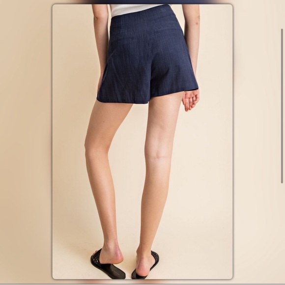 Navy Blue High Waisted Linen Shorts - Picture 4 of 5